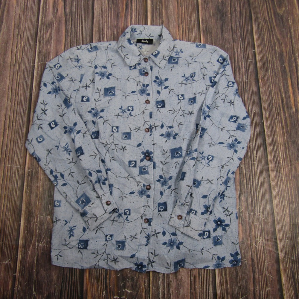 Tapestry Button Up Shirt Women Medium Blue Floral Long Sleeve Blouse Vintage